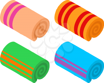 Set of different towels in isometric style on a white background. Hygiene items, bath accessories. Vector illustration. Icons of body care, sauna, spa, massage.