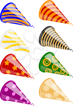 Set of festive crackers on a white background. Collections Bright colorful party poppers. Vector illustration