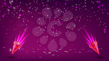 Purple background with confetti and exploding party crackers. Vector illustration of trend color with poppers