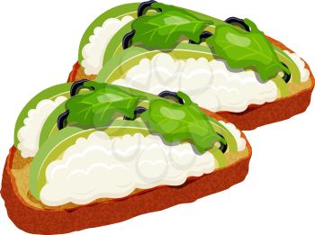 Beautifully plated avocado toast.  Sandwich with avocado, mayonnaise and olives. Vector illustration of vegetarian and healthy food.