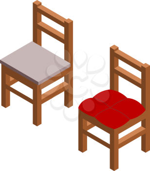 Two chairs in isometric style on a white background. Color drawing of wooden simple chairs with a seat. Vector illustration