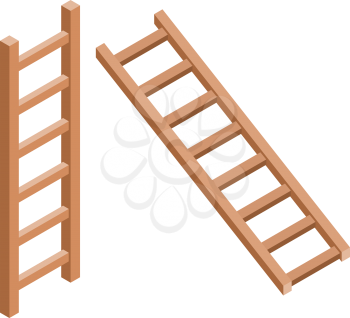 Set of brown stairs on a white background. Wooden stairs in trendy style isometric, tools for housework, in the garden and in the workplace. Vector illustration