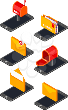 Icon set with isometric mobile phone and mail icons on white background. Vector illustration of mobile email concept with envelope icons.