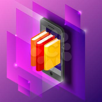 Concept of e-learning at a distance using a mobile phone on a purple background. Vector illustration of phone and books in isometric style.