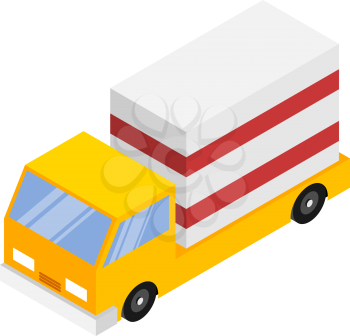 Vector illustration of a truck with cargo in isometric style on a white background. The concept of logistics, freight, transportation services. Vector stock drawing of a car with a mail box