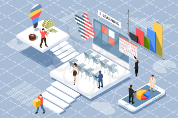 Online teamwork concept banner with characters. Can be used for web banner, infographics, annual report. Flat isometric vector illustration on white background. Vector business illustration