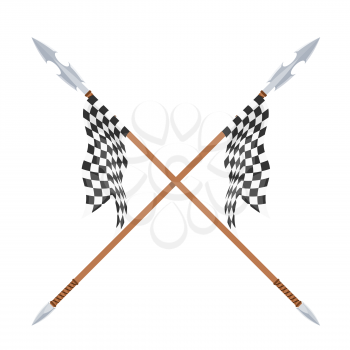 Two spears with flagon a white background. Vector illustration of a heraldic sign - crossed spears and flag. Cartoon vector illustration