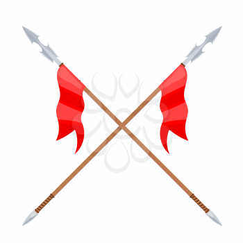 Two spears with red  flag on a white background. Vector illustration of a heraldic sign - crossed spears and flag. Cartoon vector illustration