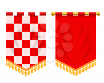 Vector illustration of a red flag hanging from a golden pole on a white background. Heraldic symbol knight of glory. Sign of nobility. Banner with empty space. Banner in the medieval style