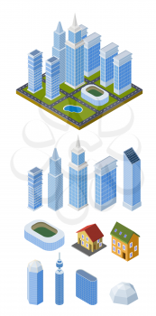 Set of vector isometric buildings. Treble-style multi-storey houses on a white background. Vector illustration