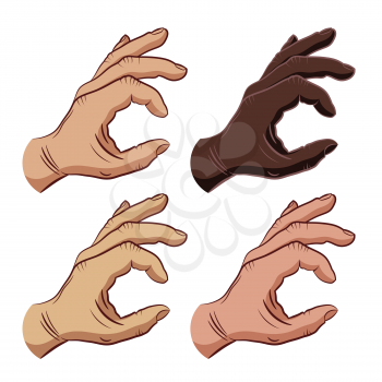 Set of hands with different skin colors and showing OK sign. Symbol of good luck and victory on a white background. Vector illustration
