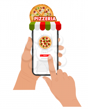 Human hands with a mobile phone. Order pizza in the distance. Electronic commerce. Vector illustration