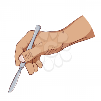 Hand drawing of a medical metal scalpel and human hand on a white background. The brush of a surgeon cutting the skin for surgery. Vector illustration of a medic and scalpel