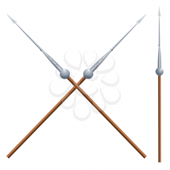 Two crossed spears of an ancient Roman warrior on a white background. Darts of an antique soldier. Vector illustration