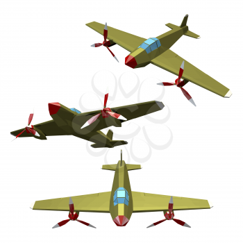 Combat aircraft with a propeller on a white background. Set of polygonal aircraft, monoplane, military equipment. Vector illustration