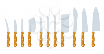 Knives on a white background. Set of flat icons of cook knives of various sizes and shapes. Vector illustration