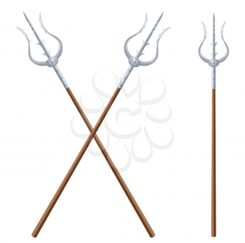 Two crossed fantastic tridents on a white background. Vector illustration of edged fairytale weapons