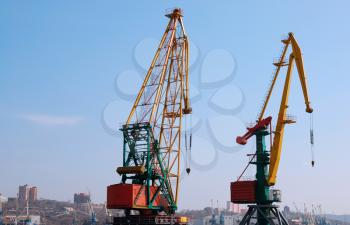 Two big cranes in seaport loading cargo