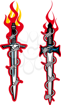 Dagger tattoo with fire flames. Vector illustration
