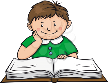 Boy reading a book in library. Vector illustration