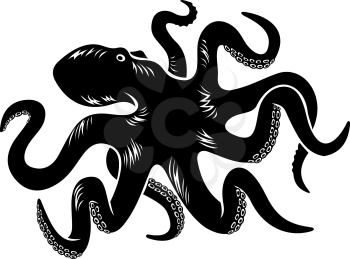 Black octopus isolated on white. Vector illustration