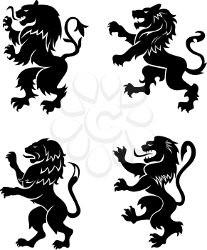 Angry lions silhouettes set for heraldry design. Vector illustration