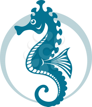 Blue seahorse symbol with circle shape. Vector illustration