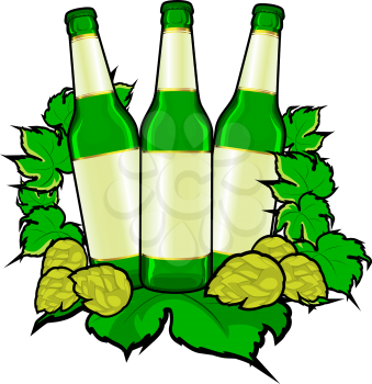 Beer bottles in hop leaves for drink design. Vector illustration