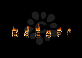 Letters D, E, F of alphabet in fire
