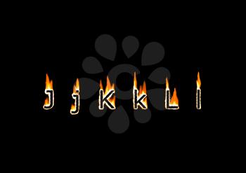 Letters J, K, L of alphabet in fire