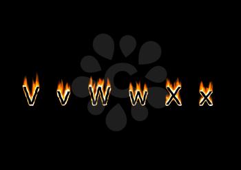 Letters V, W, X of alphabet in fire