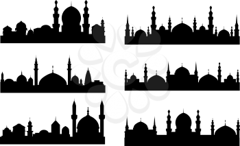 Six black silhouettes of Arabian cityscapes with towers and Islamic mosques, isolated on white
