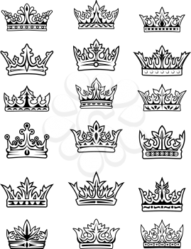Set of black and white outline imperial and royal crowns, decorated with gemstones, symbol of monarchy or superiority, isolated on white