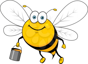 Smiling bright striped bee cartoon character flying with sweet honey bucket for beekeeping or healthy food mascot design