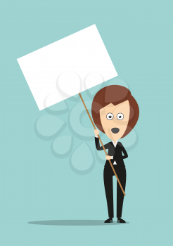 Business woman standing with open mouth and holding blank signboard on long stick with copyspace for demonstration protest concept design. Cartoon flat style