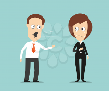 Aggressive businessman yelling at sad crying female colleague for business concept design. Cartoon flat style
