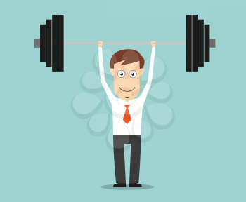 Confident smiling businessman lifting a heavy barbell for success business concept design. Cartoon flat style