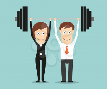 Business colleagues holding a heavy barbell above heads for teamwork or partnership business concept design. Cartoon flat style