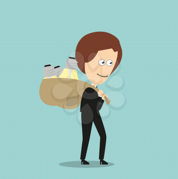 Smiling business woman carrying sack full of bright shiny idea light bulbs. Cartoon flat style