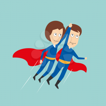 Business woman and businessman in superhero costumes with red capes flying up holding hands, for super business team or partnership concept design. Cartoon flat style