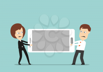 Angry businessman and business woman fighting over huge smartphone, for corporate challenge or competition concept design. Cartoon flat style