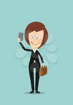 Cheerful smiling business woman in black suit with briefcase making selfie shot with smartphone. Cartoon flat style