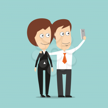 Happy businessman and business woman taking selfie portrait together with mobile phone, for social media concept design. Cartoon flat style