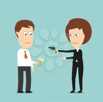 Business woman threatening with a gun and extorts money from colleague, for extortion or blackmail concept design. Cartoon flat style