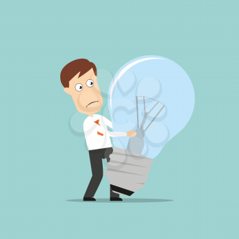 Confused businessman carrying a big turned off idea light bulb, for failed idea concept design. Cartoon flat style