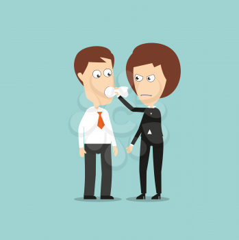 Angry business woman put a cloth gag in mouth to stop him from speaking, for business secret or shut up concept design. Cartoon flat style