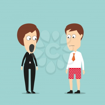 Sad bankrupt businessman standing with no pants under the gaze of shocked female colleague, for bankruptcy or financial crisis concept design. Cartoon flat style