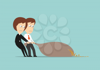 Businessman and business woman drags money bag and losing coins that running out from a hole. Cartoon flat style