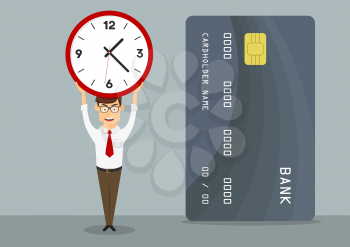 Banking manager with credit card holds clock above head, showing short period of time of credit or loan approval, for finance themes design. Cartoon flat style