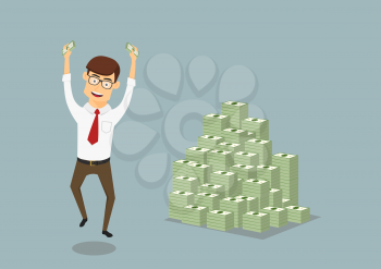 Joyful smiling businessman with money in hands happy jumping near a huge pile of dollar packs, for wealth or success themes design. Cartoon flat style